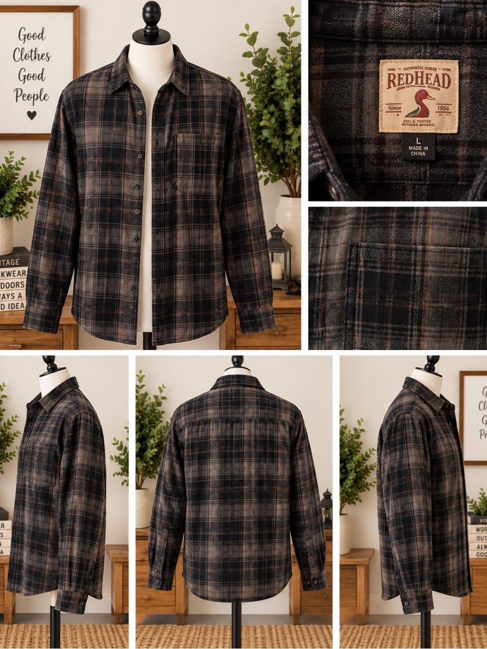 RedHead Men's Black and Brown Plaid Lightweight Shirt